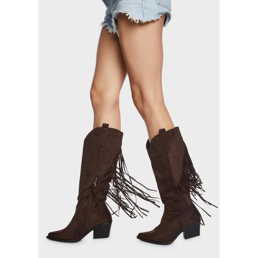 Dolls Kill Swept Away Fringe Faux Suede Cowboy Boots - Picture 5 of 5
